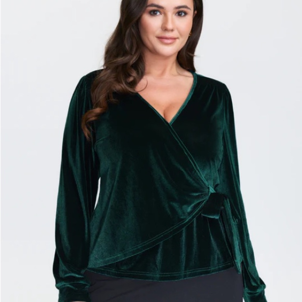 BloomChic Deep Green Velvet Wrap Blouse